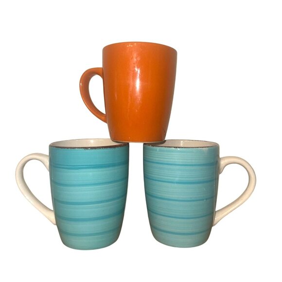 Royal Norfolk Ceramic Mugs Set Of 3 Orange & Blue Striped Dishwasher & Microwave - Picture 1 of 5